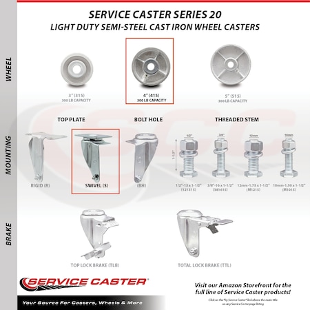 Service Caster 4 Inch Semi Steel Wheel Swivel Top Plate Caster Set with 2 Brakes SCC SCC-20S415-SSR-2-TLB-2